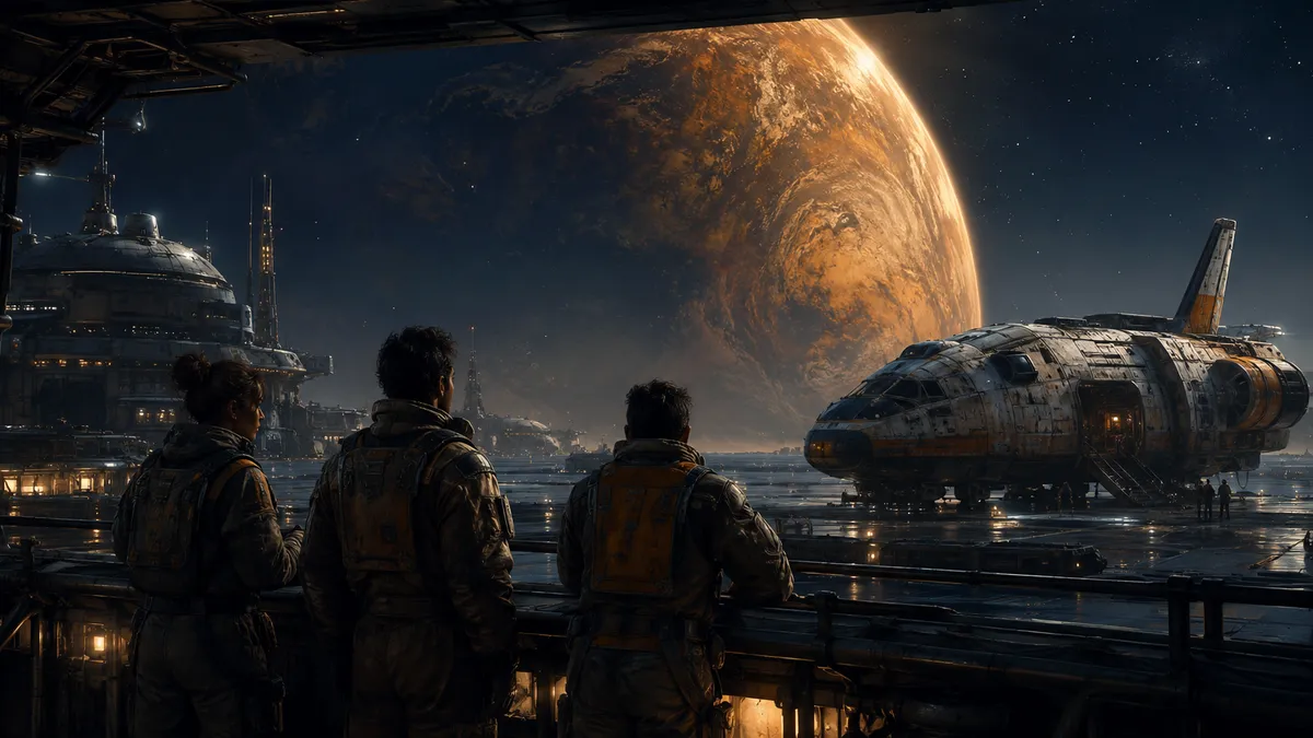 Three explorers overlooking a remote orbital port beneath an amber planet